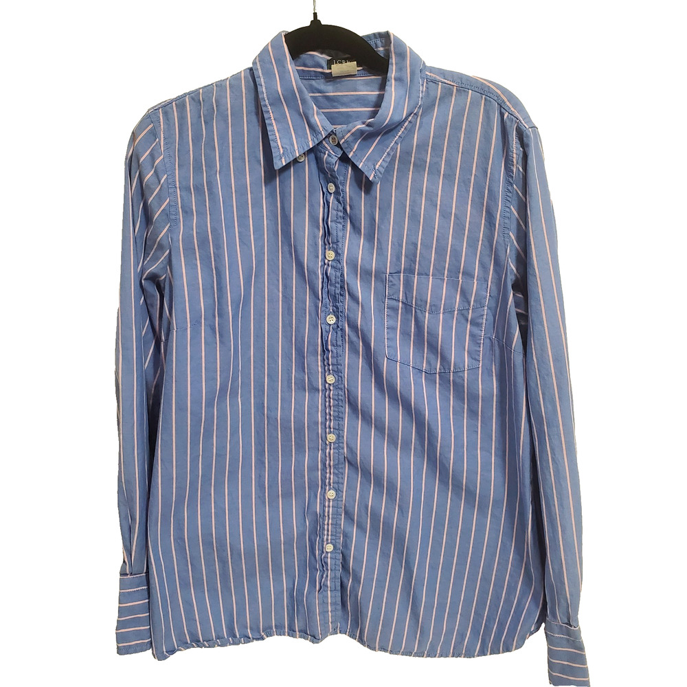 J. Crew Factory Blue Pink Multi-Stripe Button Down Shirt L Preppy Cotton